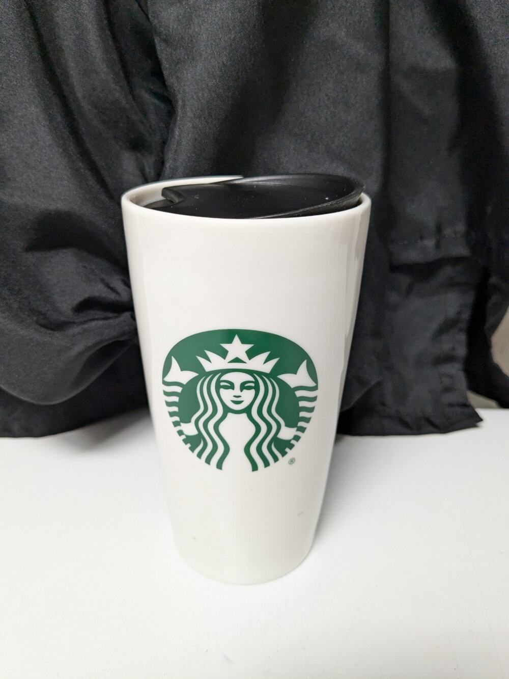 Starbucks 2021 white classic siren logo ceramic travel mug drink through lid
